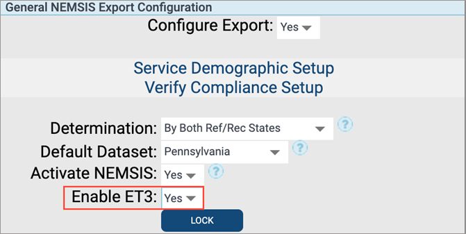 On General NEMSIS Export Configuration page, set Enable ET3 to Yes.